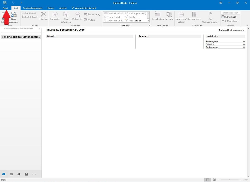 Microsoft Outlook 2016 Startsceen