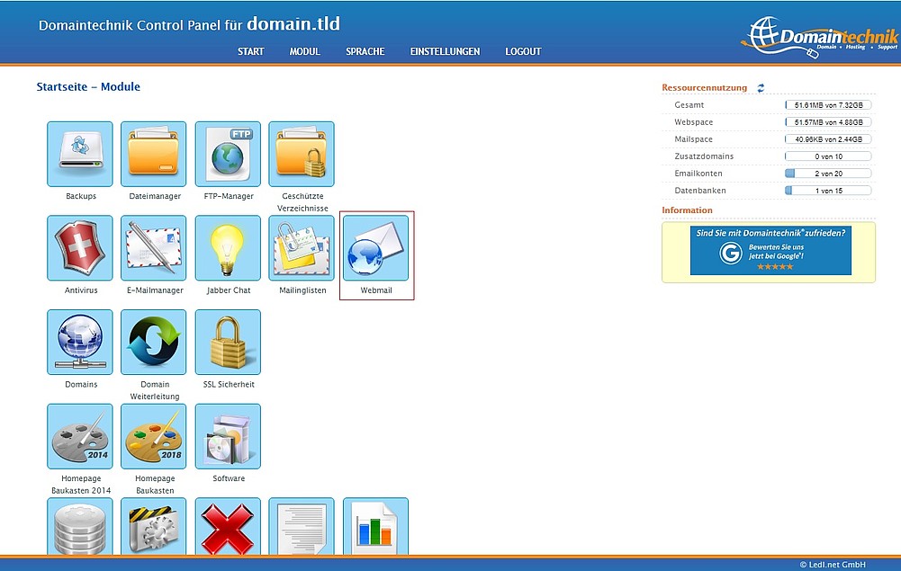 Webmail im Control Panel