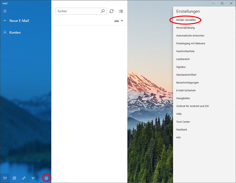 Windows 10 Mail - Konto verwalten