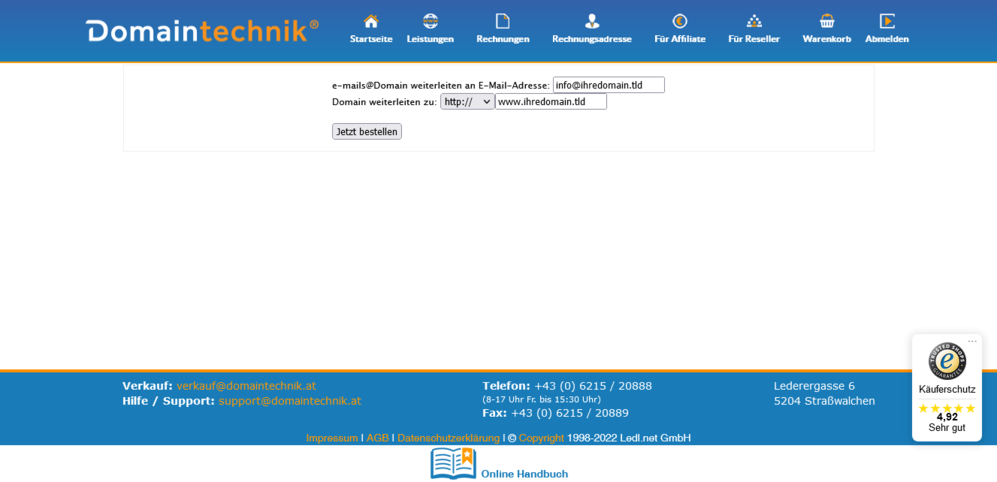 Domain und Emailweiterleitung Screenshot