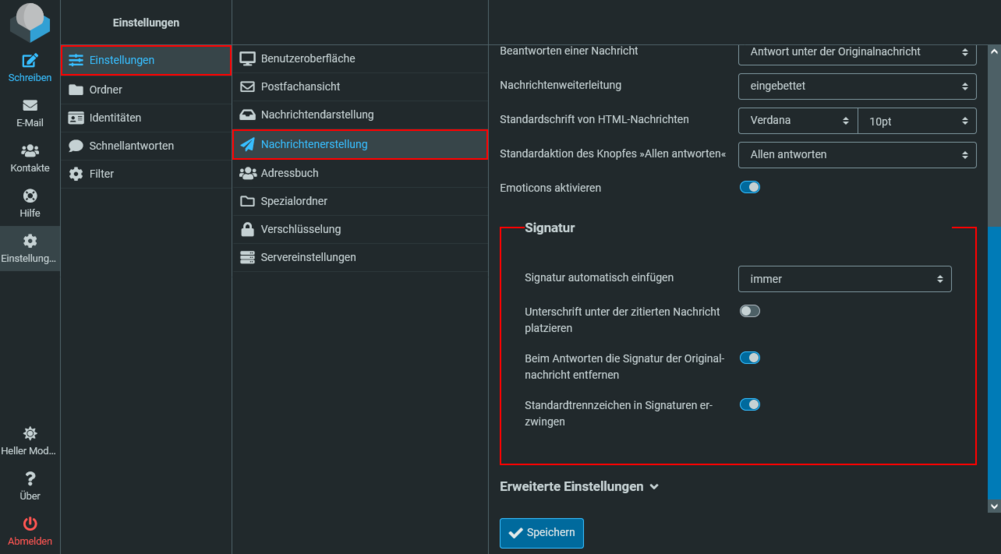 Optionen der Signatur in Roundcube