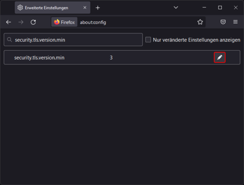 Einstellung für die minimale TLS Version auf 1 runterstellen