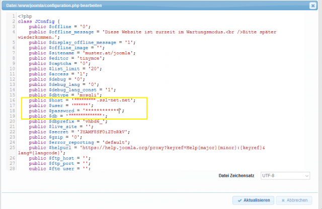 Joomla 'configuration.php' Datei bearbeiten