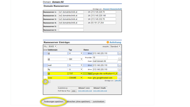 Google-Sites URL - Schritt 3.2: CNAME-Eintrag erstellen