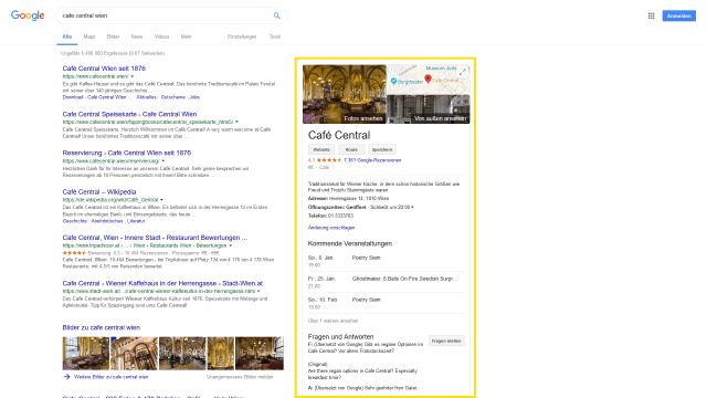 Google My Business Eintrag Cafe Central Wien
