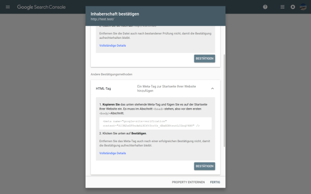 Google Search Console Inhaberschaft bestätigen - META Tag
