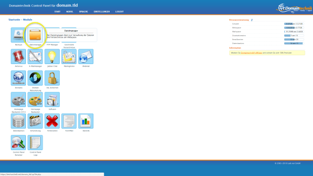 Schritt 3.4 - HTML-Seite umziehen - Control Panel Modul 'Dateimanager' öffnen