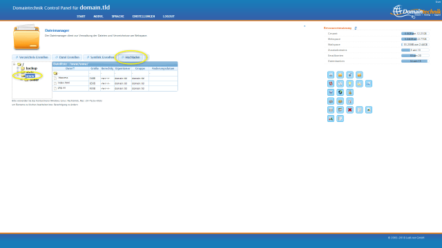 Schritt 3.5 - HTML-Seite umziehen - FTP-Daten über Control Panel Modul 'Dateimanger' hochladen