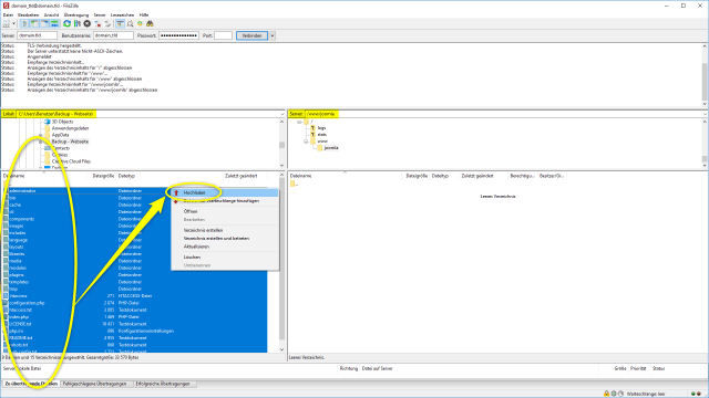 Schritt 3.2 - Joomla-Website transferieren - FTP-Daten übertragen (Rechtsklick)