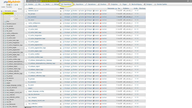 Schritt 2.2 - Typo3-Seite Umzug - phpMyAdmin