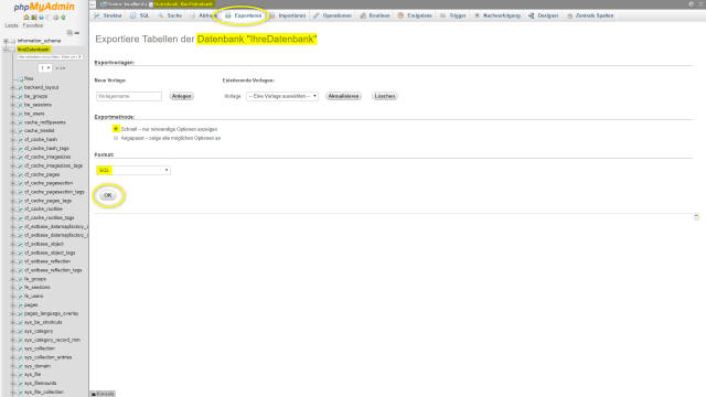 Schritt 2.2 - Typo3-Seite übertragen - phpMyAdmin Exporteinstellungen