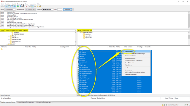 Schritt 2.1.2 - Wordpress umziehen - FTP-Daten lokal sichern (Rechtsklick)