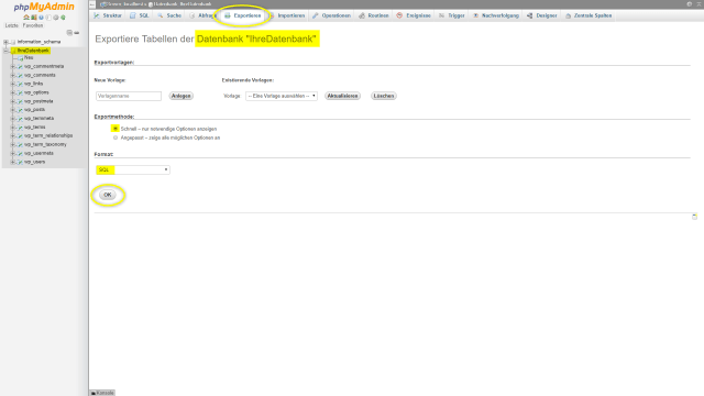 Schritt 2.2.1 - Datenbank exportieren - Datenbank mit Hilfe von 'phpMyAdmin' exportieren - Exporteinstellungen festlegen und Export durchführen