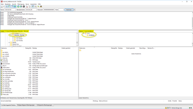 Schritt 3.2 - Wordpress Umzug - Login FTP-Client auf Webhosting Server