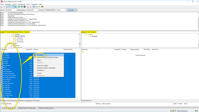Schritt 3.2.1 - Wordpress umziehen - FTP-Daten auf Webhosting Paket hochladen mit Rechtsklick