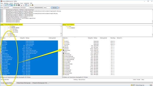 Schritt 3.2.2 - Wordpress Umzug - FTP-Daten auf Webhosting Paket hochladen per Drag & Drop