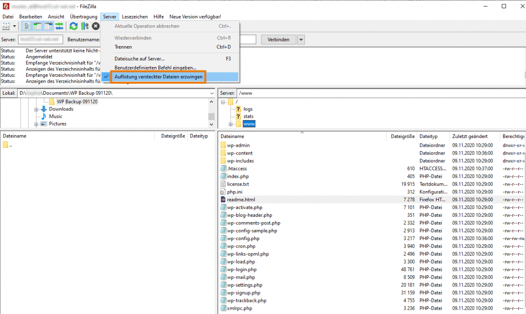 In FileZilla die Auflistung versteckter Dateien erzwingen.