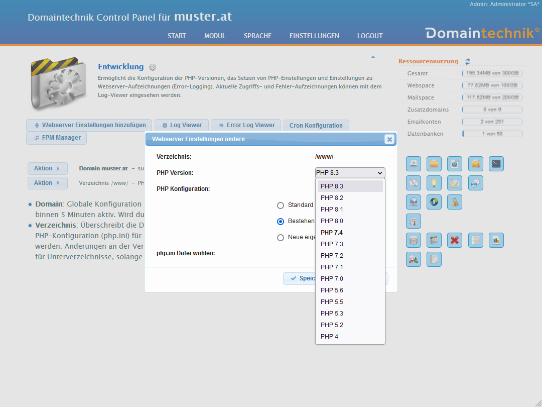 Einfache Änderung der PHP Version im Domaintechnik Control Panel.