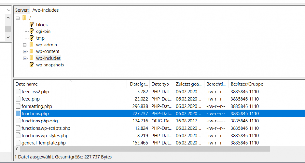 functions.php Die functions.php Datei in FileZilla.
