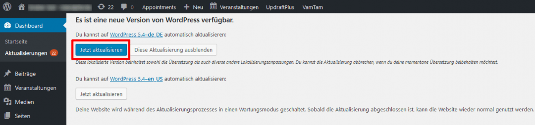 WordPress Version im Dashboard aktualisieren