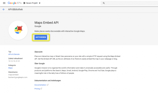 Google Maps API aktivieren Google Maps API aktivieren
