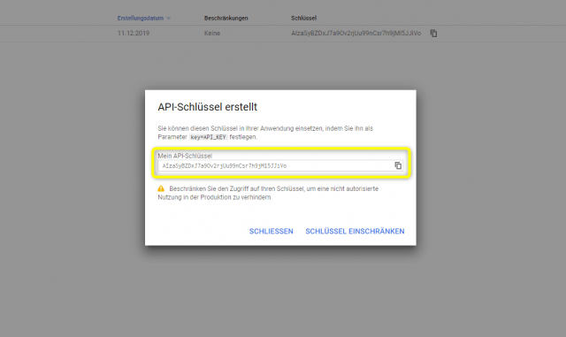 API Schlüssel kopieren/einschränken API Schlüssel kopieren/einschränken