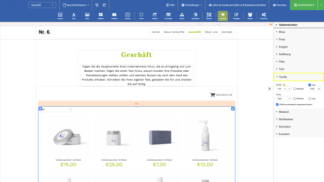 Onlineshop Position und Größe der Artikel Onlineshop Position und Größe der Artikel