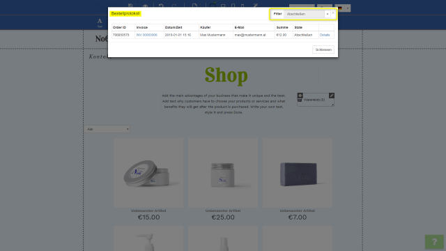 Onlineshop Bestellübersicht Onlineshop Bestellübersicht