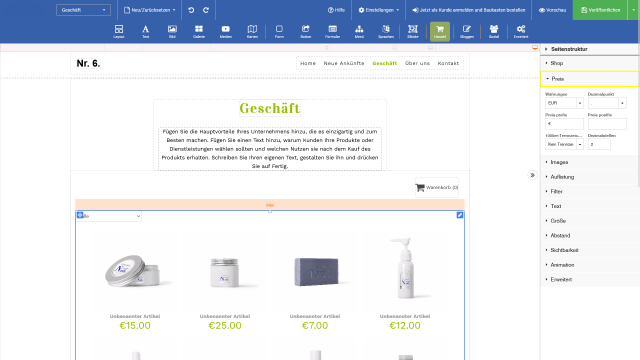 Onlineshop Einstellungen öffnen Onlineshop Einstellungen öffnen