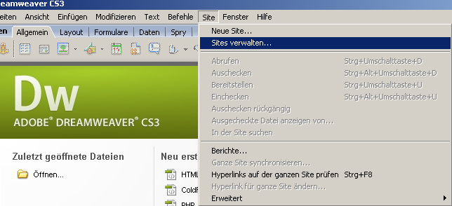 Adobe Dreamwaver Anleitung Schritt 1