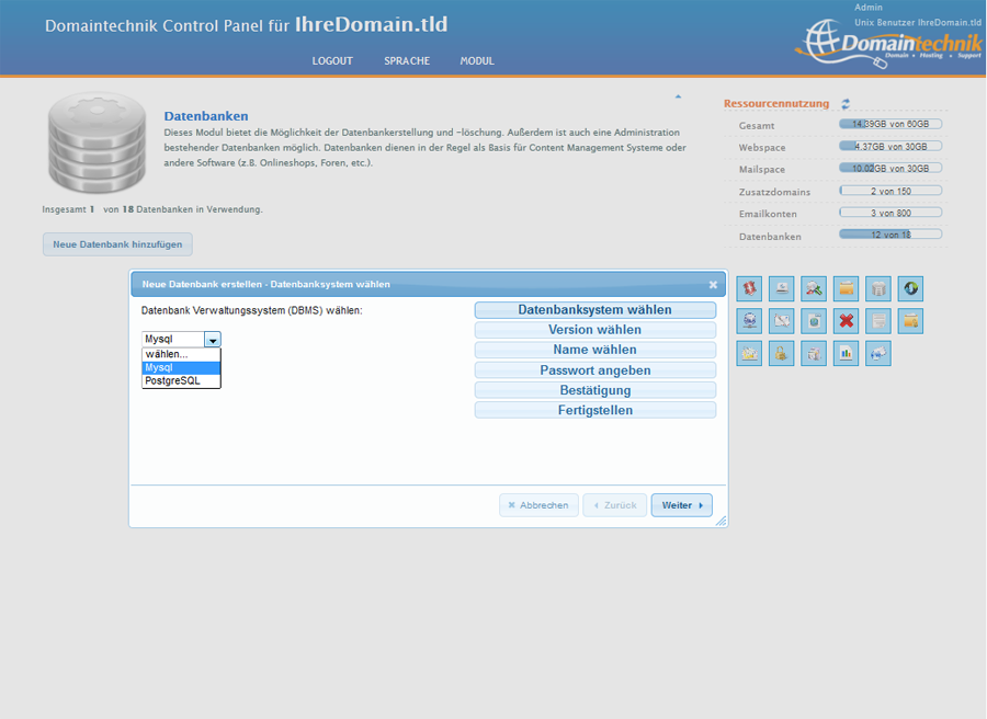 Domaintechnik Control Panel Datenbanken - Schritt 1