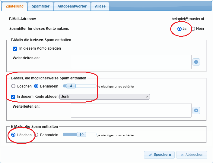 Grundeinstellungen des Spamfilters