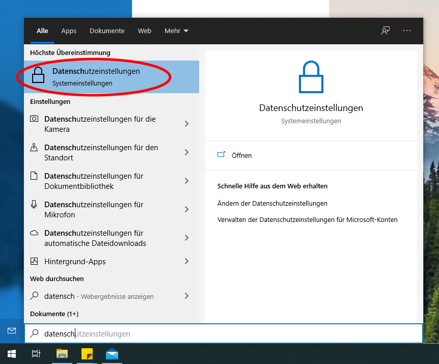 Windows 10 Datenschutzeinstellungen öffnen