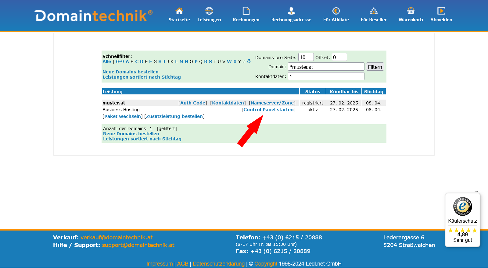 Hosting Paket verwalten