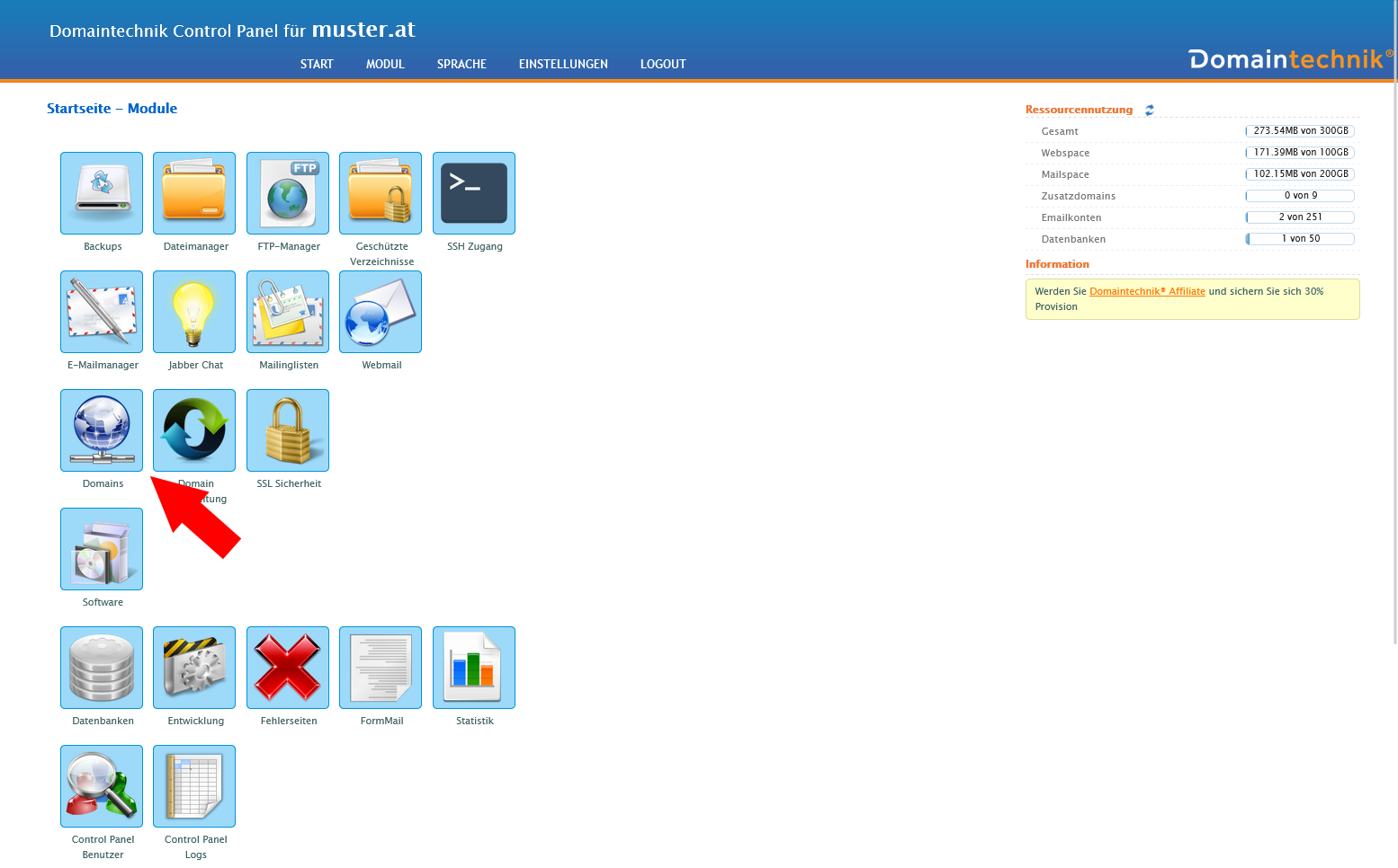 Control Panel Modul Domains starten