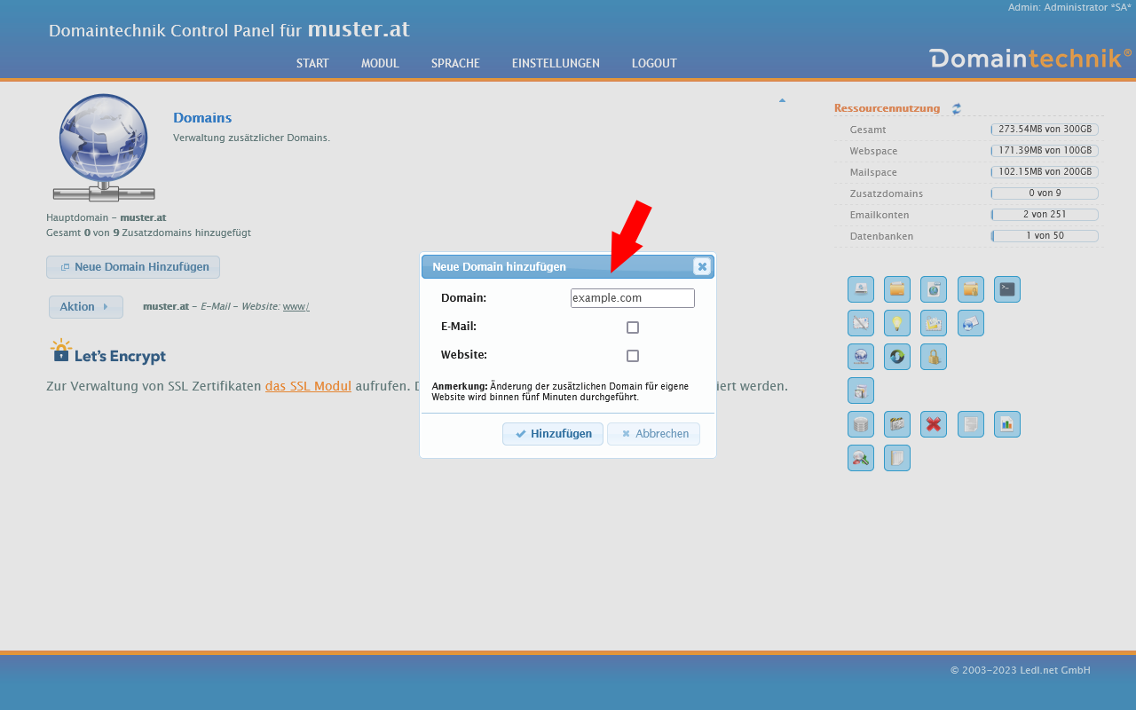 Gewünschte Zusatzdomain eintragen