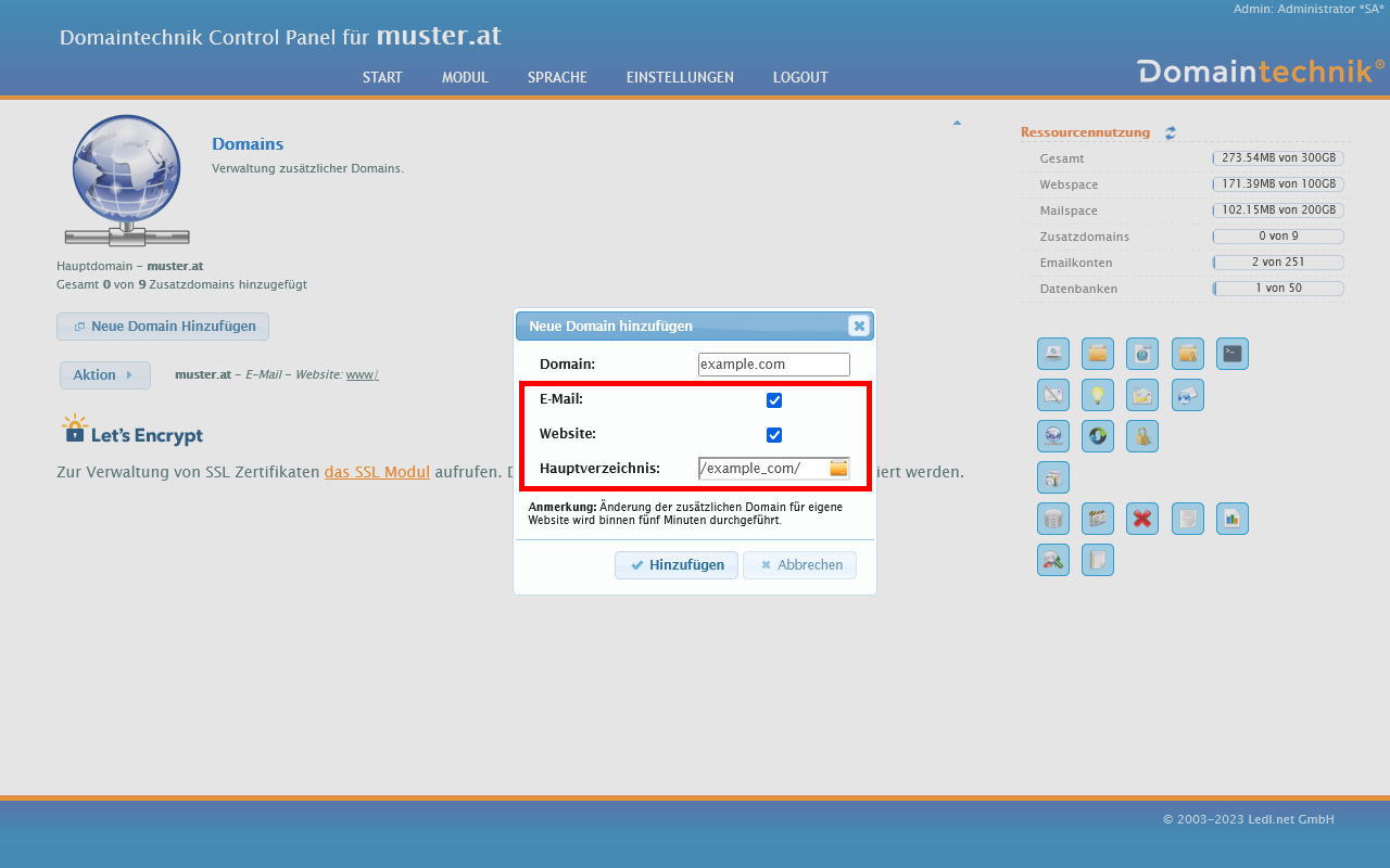 Gewünschte Services für die Zusatzdomain aktivieren