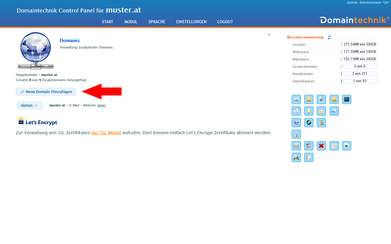 Zusatzdomain hinzufügen durch Klick auf "Neue Domain hinzufügen"