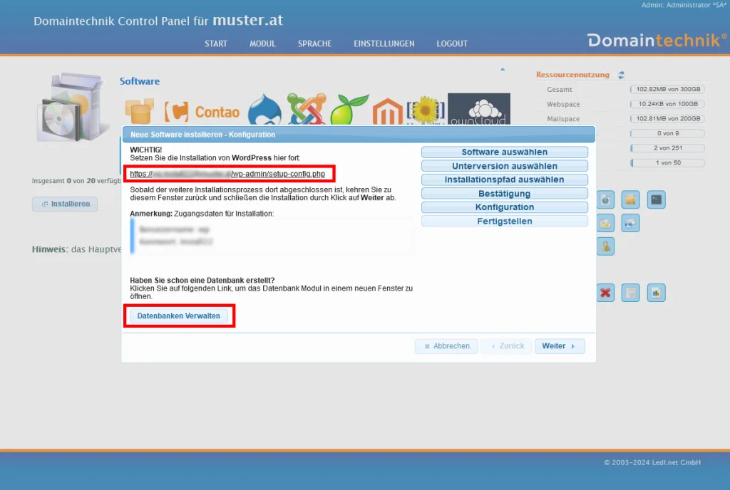 WordPress Installation fortführen