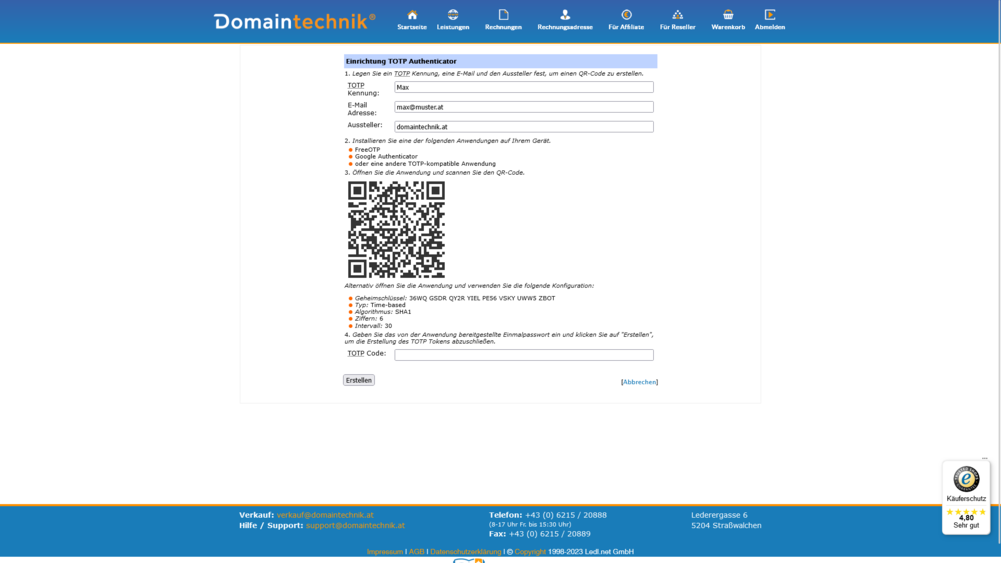 Domaintechnik Kundenzone Multi Faktor Authentifizierung