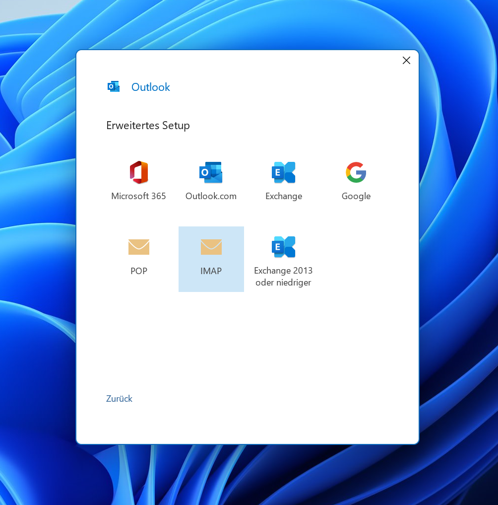 Bei der Abfrage des Kontotyps "IMAP" wählen.