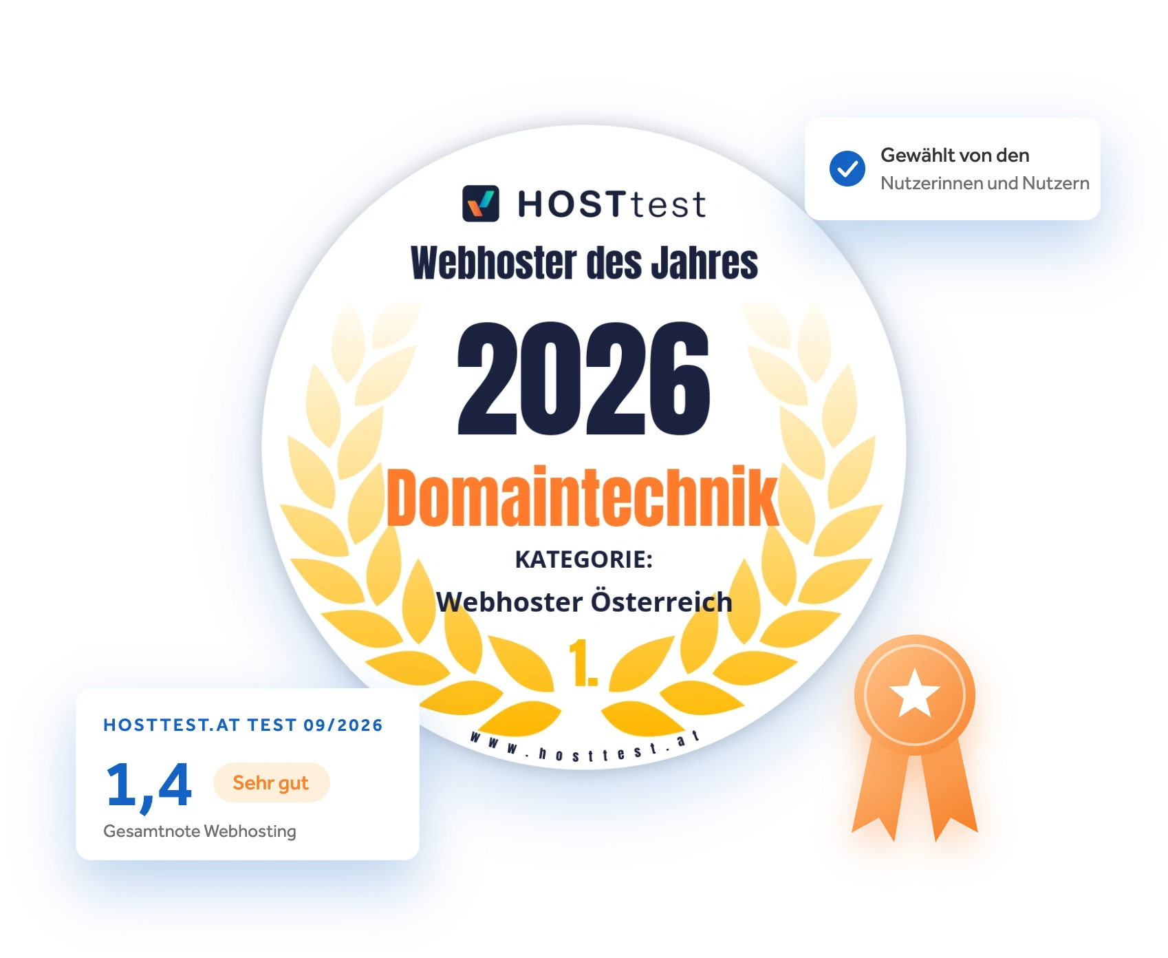 Hosttest Siegel Webhoster des Jahres 2026, Kategorie Webhoster Österreich, Platz 1: Domaintechnik, dazu Testnote 1,4 (Sehr gut) im Test 09/2026 von hosttest.at