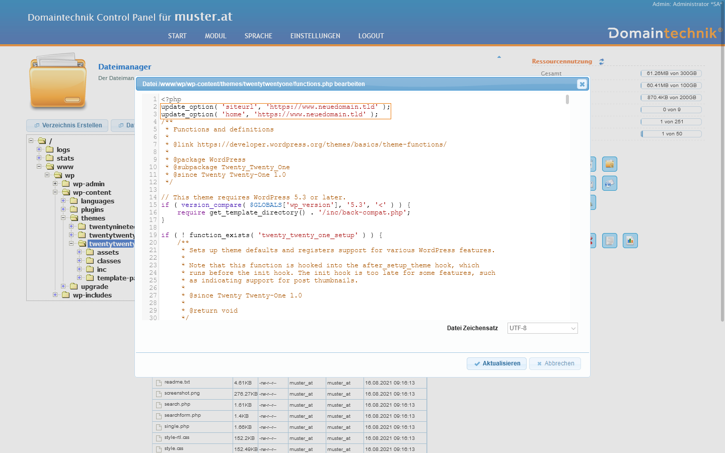 WordPress URL über functions.php Datei ändern