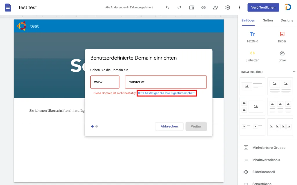 Google Sites Eigentümerschaft bestätigen