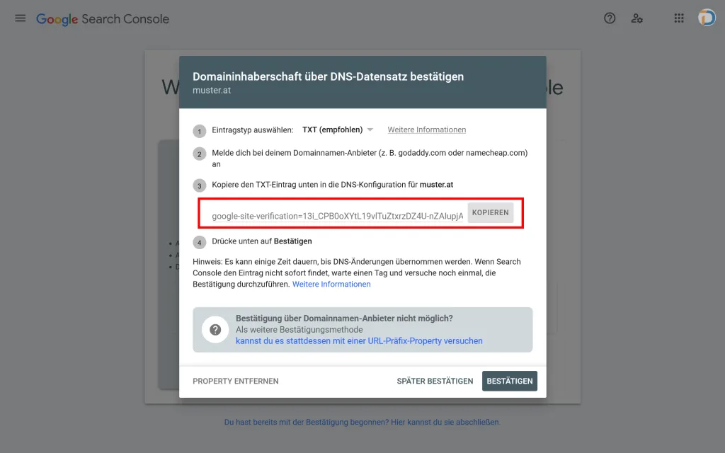 Google Sites TXT Eintrag kopieren