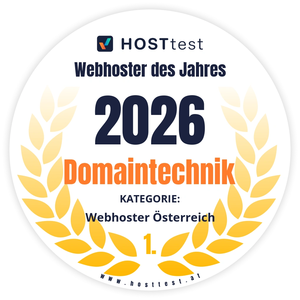 Hosttest Siegel Webhoster des Jahres 2026, Kategorie Webhoster Österreich, Platz 1: Domaintechnik