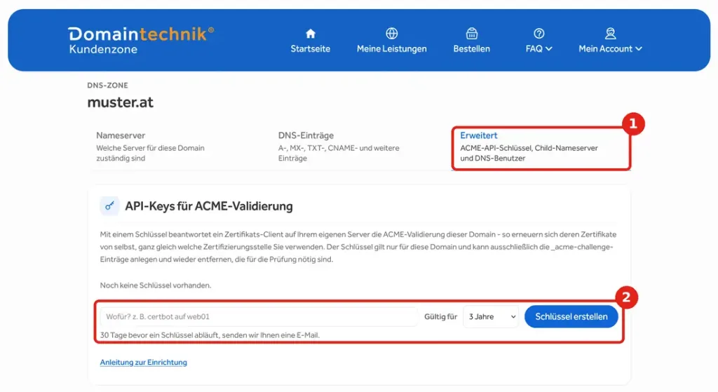 Reiter „Erweitert“ in der DNS-Zone mit dem Bereich „API-Keys für ACME-Validierung“ in der Domaintechnik Kundenzone