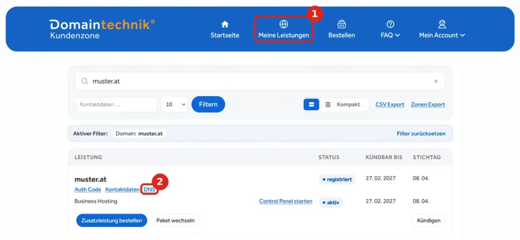 In der Domaintechnik Kundenzone unter „Meine Leistungen“ bei der Domain auf „DNS“ klicken
