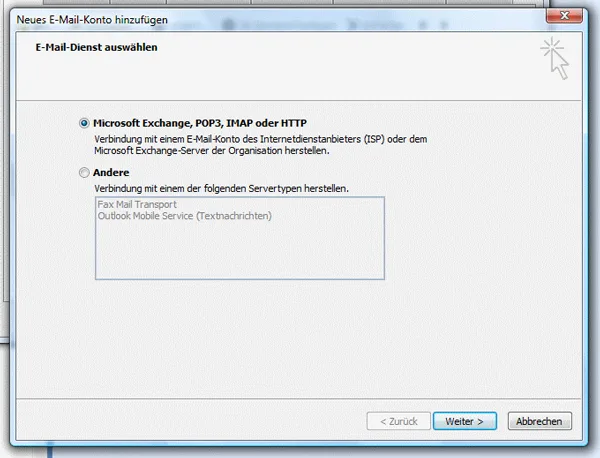 Outlook 2007 E-Mail Dienst auswählen