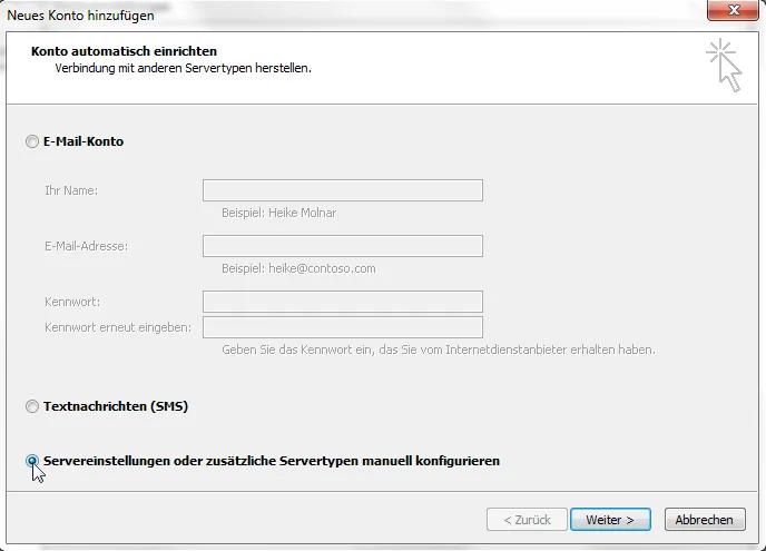 Outlook 2010 Manuell konfigurieren